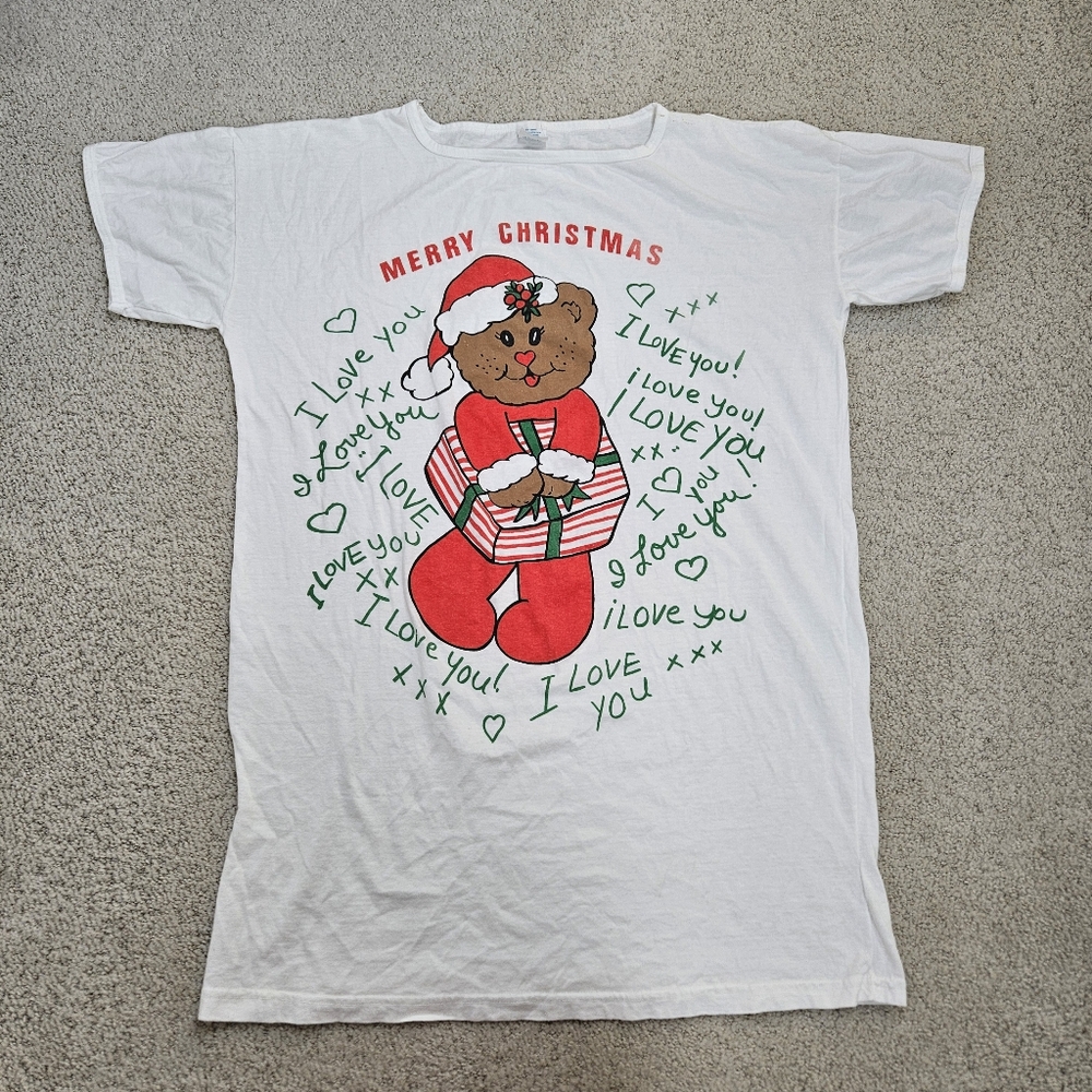 Vintage Christmas Night Shirt Nightgown One Size Teddy Bear Cotton